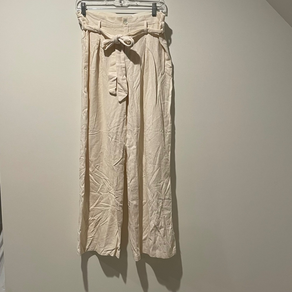 Wide Leg Tie-Waist Pants - Cream US 10